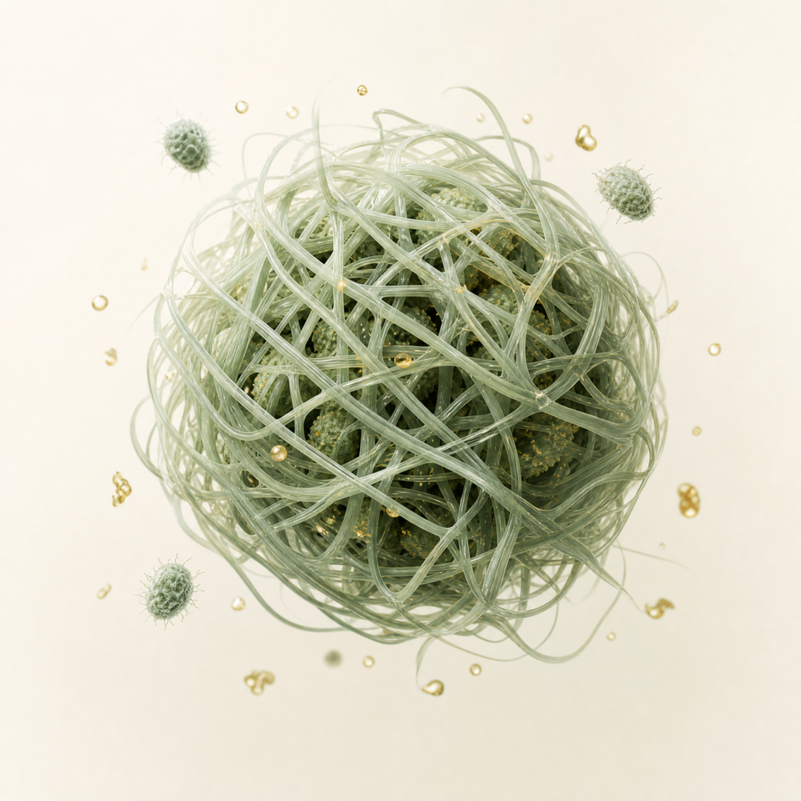 Illustration of a dense fibrotic extracellular matrix network surrounded by immune cells and therapeutic molecules unable to penetrate.