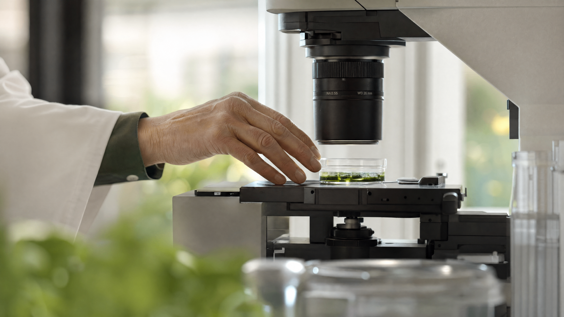 Researcher examining a sample under a microscope in the ScarTec Therapeutics laboratory